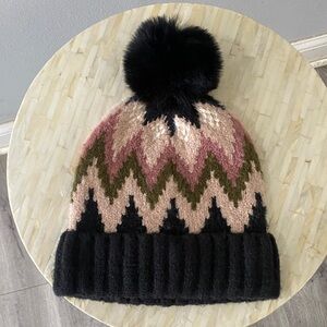 ASPEN Woman’s Cozy Pom-Pom Zigzag Knit Beanie - Black, Pink